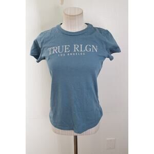 True Religion Women's Small Crew Neck T-shirt Blue Fitted Spell Out